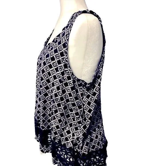 Ann Taylor Loft Navy 100% Cotton Argyle‎ Crochet Accent Tank Top  SZ L EUC - Picture 5 of 12